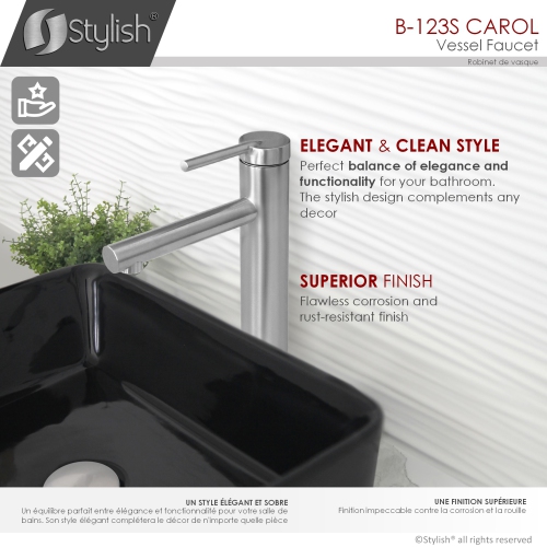 STYLISH Single Handle Bathroom Vessel Sink Faucet, Brushed Stainless Steel Finish B-123S