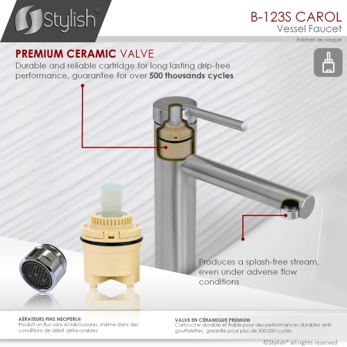 STYLISH Single Handle Bathroom Vessel Sink Faucet, Brushed Stainless Steel Finish B-123S