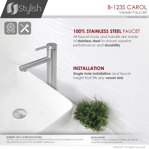 STYLISH Single Handle Bathroom Vessel Sink Faucet, Brushed Stainless Steel Finish B-123S