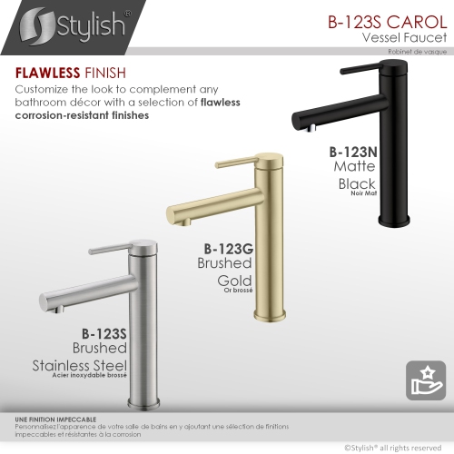 STYLISH Single Handle Bathroom Vessel Sink Faucet, Brushed Stainless Steel Finish B-123S