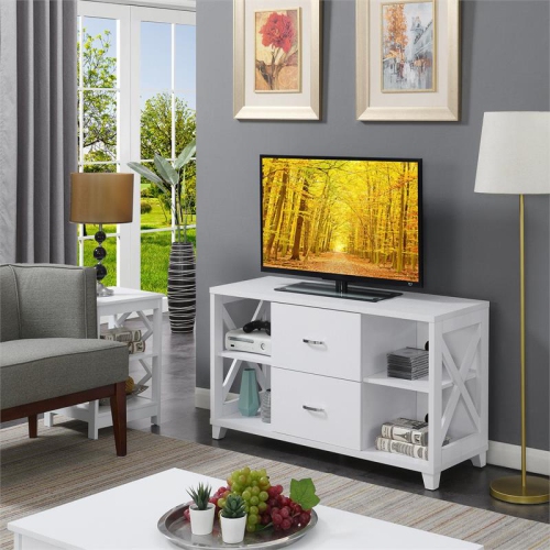 Convenience Concepts Oxford Deluxe 47" TV Stand with Two Drawers in White Wood
