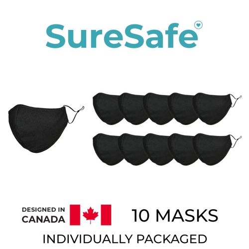 SureSafe Washable Re-Usable Cloth Face Mask - BLACK - 10 PACK