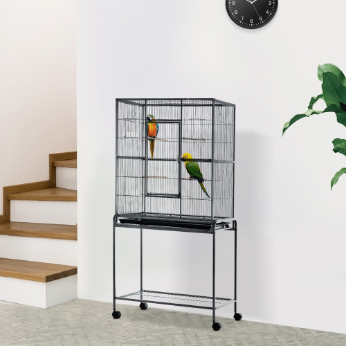 PawHut 64" Large Bird Cage, Rolling Metal Parrot Cage, Bird House with Detachable Rolling Stand, Storage Shelf, Wood Perch, Food Container, 30.25" x