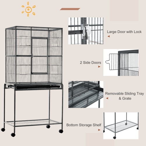 PawHut 64" Large Bird Cage, Rolling Metal Parrot Cage, Bird House with Detachable Rolling Stand, Storage Shelf, Wood Perch, Food Container, 30.25" x