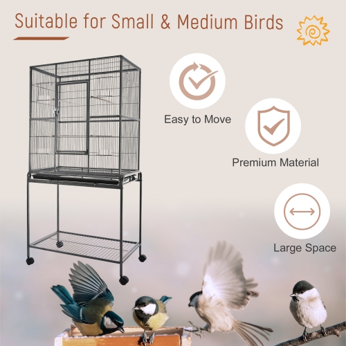 PawHut 64" Large Bird Cage, Rolling Metal Parrot Cage, Bird House with Detachable Rolling Stand, Storage Shelf, Wood Perch, Food Container, 30.25" x