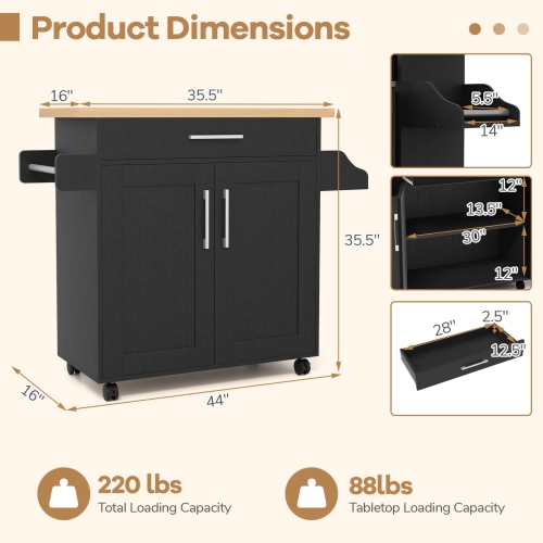 Armoire de rangement à roulettes pour îlot de cuisine avec support à serviettes et à épices de Costway