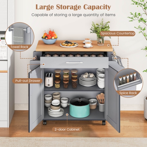 Armoire de rangement à roulettes pour îlot de cuisine avec support à serviettes et à épices de Costway