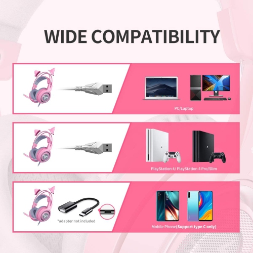 SOMIC G951pink Gaming Headset for PC, PS4, Laptop: 7.1 Virtual Surround Sound Detachable Cat Ear Headphones LED, USB, Lightweight Self-Adjusting Over