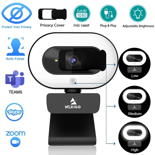 NexiGo N930E Auto-Focus StreamCam, 1080P Webcam with Ring Light and Privacy Cover