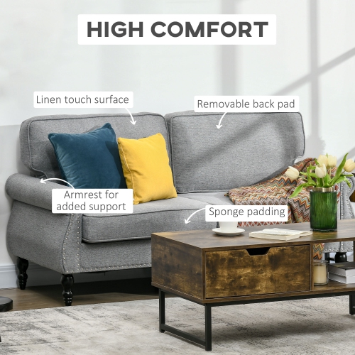 HOMCOM Canapé double de style traditionnel avec rembourrage en éponge et pied en bois de caoutchouc, causeuse à 2 places avec tête de clou pour