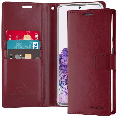 GOOSPERY  Topsave Bluemoon Card Slot W/magnetic Clip Leather Folio Wallet Flip Case for Samsung S21 Ultra In Burgundy