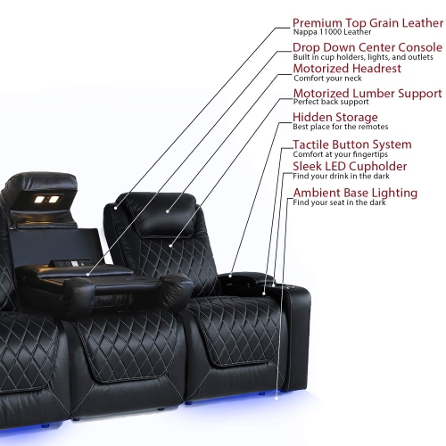 Fauteuil inclinable électrique cuir pleine fleur haut de gamme Oslo de Valencia, appuie-tête électrique, éclairage DEL, siège cinéma maison, console