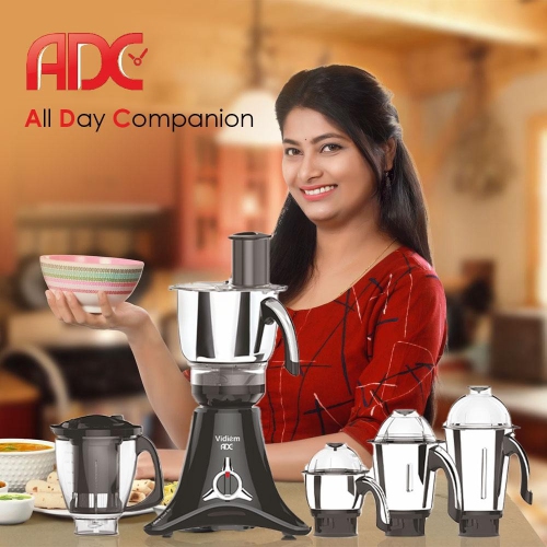 Vidiem ADC Mixer Grinder, Blender, Food Processor- 750W / 5 Jars - Indian Mixer Grinder with Almond Nut Milk Juice Extractor, Spice & Coffee grinder