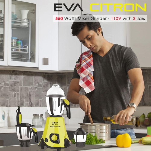 Vidiem Eva Citron 550W / 110V Mixer Grinder countertop , Blender, Stainless Steel Jars - Indian Mixer Grinder, Spice & Coffee grinder, Food Grain