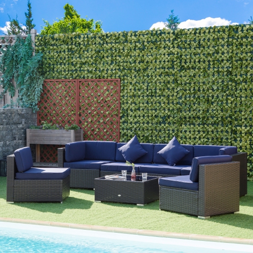Outsunny Ensemble de 7 pièces de jardin en osier avec table à thé, canapé de salon en rotin de patio avec coussin, meubles de terrasse d'extérieur,