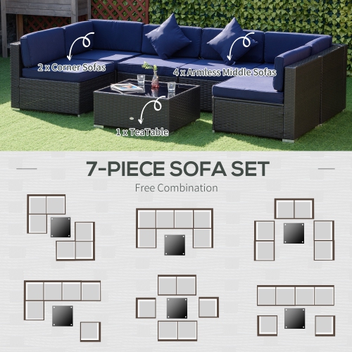 Outsunny Ensemble de 7 pièces de jardin en osier avec table à thé, canapé de salon en rotin de patio avec coussin, meubles de terrasse d'extérieur,