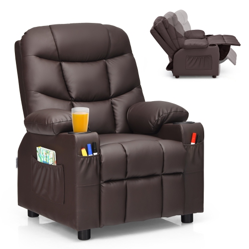 Costway Kids Youth Recliner Chair PU Leather w/Cup Holders & Side Pockets