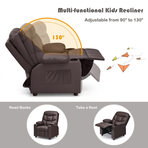 Costway Kids Youth Recliner Chair PU Leather w/Cup Holders & Side Pockets