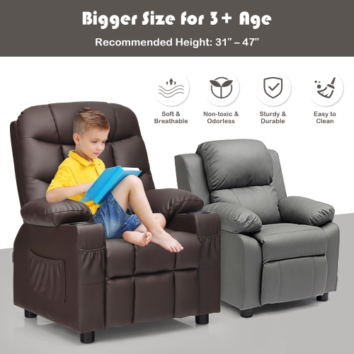 Costway Kids Youth Recliner Chair PU Leather w/Cup Holders & Side Pockets