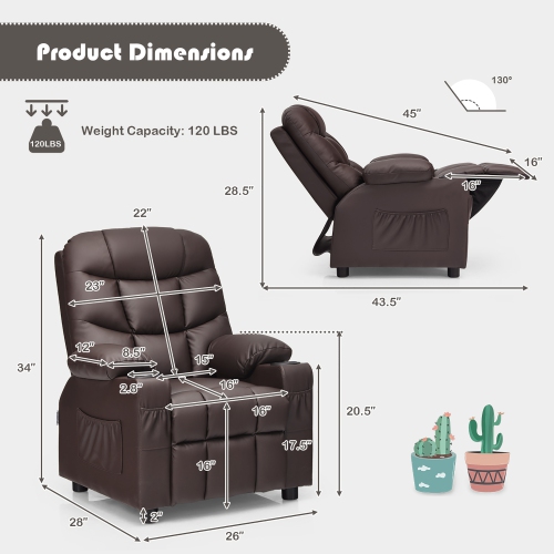 Costway Kids Youth Recliner Chair PU Leather w/Cup Holders & Side Pockets