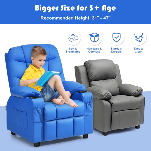 Costway Kids Youth Recliner Chair PU Leather w/Cup Holders & Side Pockets