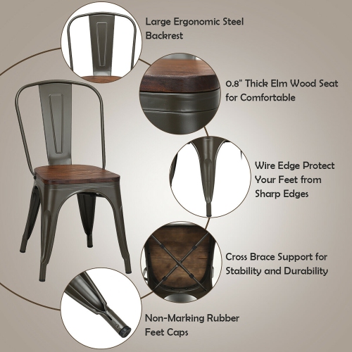 Costway Set of 4 Metal Dining Side Chair Wood Seat Stackable Bistro Cafe