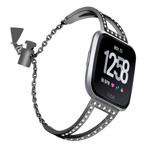 STRAPSCO  Stainless Steel Adjustable Bracelet With Rhinestones for Fitbit Versa - In Black