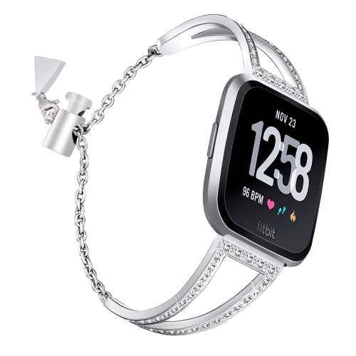 STRAPSCO  Stainless Steel Adjustable Bracelet With Rhinestones for Fitbit Versa - In Silver