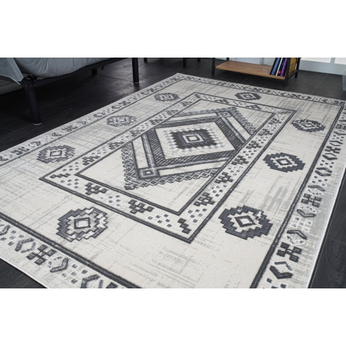 Tapis géométrique moderne avec bordure gris clair foncé, 6 pi 7 po x 9 pi 6 po