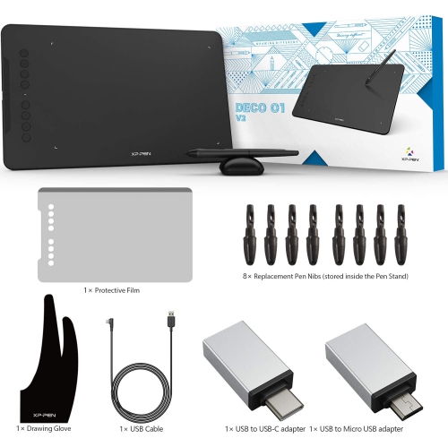 XP-PEN Deco 01 V2 Graphics Tablet 10x6.25 Inch Drawing Pen Tablet 8192 Levels Pressure Battery-Free Pen with Tilt Function Android Supported and 8