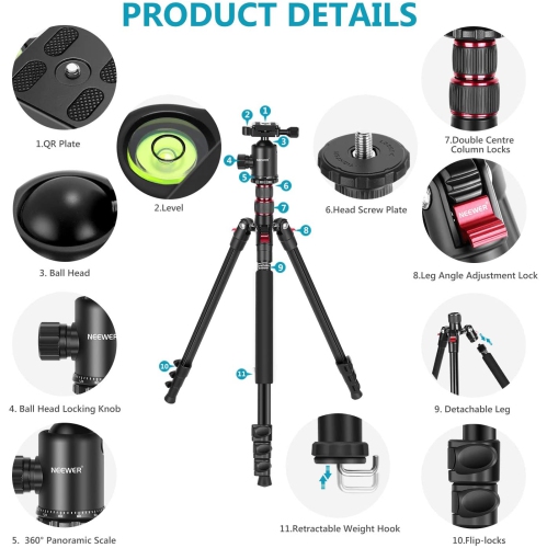 Neewer 77-Inch Tripod, Camera Tripod for DSLR, 2-in-1 Compact Aluminum Tripod Monopod with 360 Degree Ball Head, 2 Center Axis, QR Plate and 8