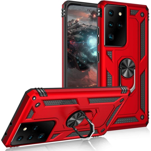 【CSmart】 Anti-Drop Hybrid Magnetic Hard Armor Case with Ring Holder for Samsung Galaxy S21 Ultra 5G 6.8", Red