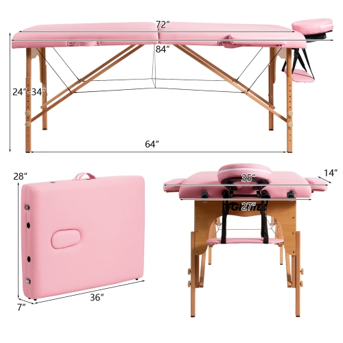 84''L Portable Massage Table Adjustable Facial Spa Bed Tattoo w/ Carry Case WhiteBlackPinkRed
