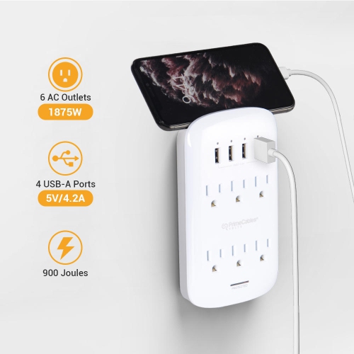 6-Outlet Wall Mount Surge Protector Socket with 4 USB Charging Ports, 900 Joules