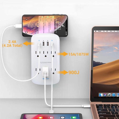 6-Outlet Wall Mount Surge Protector Socket with 4 USB Charging Ports, 900 Joules