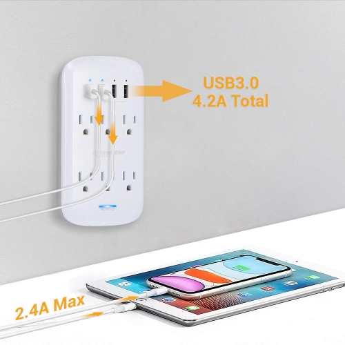 6-Outlet Wall Mount Surge Protector Socket with 4 USB Charging Ports, 900 Joules