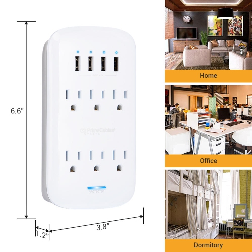 6-Outlet Wall Mount Surge Protector Socket with 4 USB Charging Ports, 900 Joules