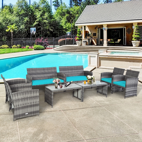 Costway 8PC Patio Rattan Furniture Set Glass Table Top Cushioned Sofa Turquoise