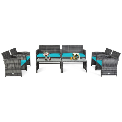 Costway 8PC Patio Rattan Furniture Set Glass Table Top Cushioned Sofa Turquoise