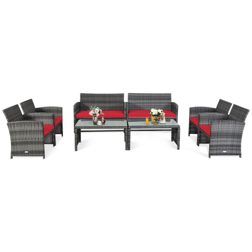 Costway 8PCS Patio Rattan Furniture Set Glass Table Top Cushioned Sofa Red