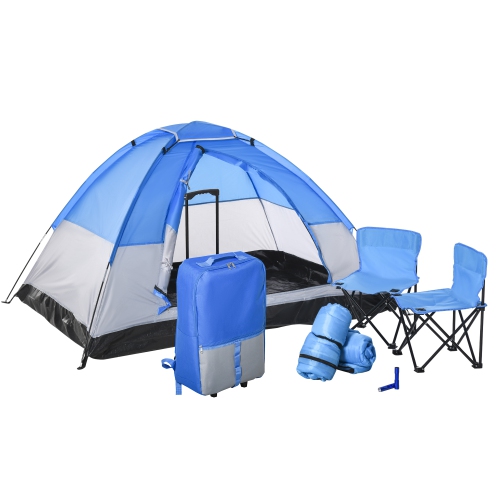 Outsunny 2 Kids Pop Up Camping Tents, Playhouse for Boys Girls with Chairs, Sleeping Bags, Flashlights, Trolley Case, Adventure, Outdoor