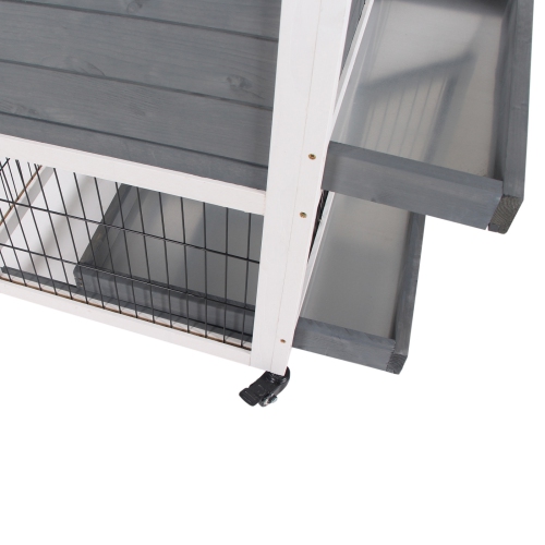 PawHut Rabbit Hutch Indoor Bunny Cage Guinea Pig House on Wheels with Run, Pull Out Trays, Grey and White