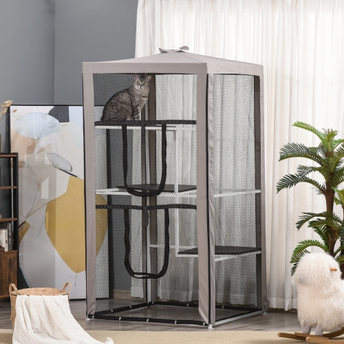 PawHut – Grand enclos extérieur pour chats, cage de Kitten cage, intérieur pour chats, 3 plateformes, portes à fermeture à glissière et 4 sacs de