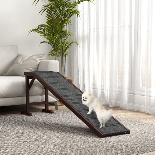 PawHut Pet Ramp Bed Steps for Dogs Cats Non-slip Carpet Top Platform Pine Wood 74"L x 16"W x 25"H Brown