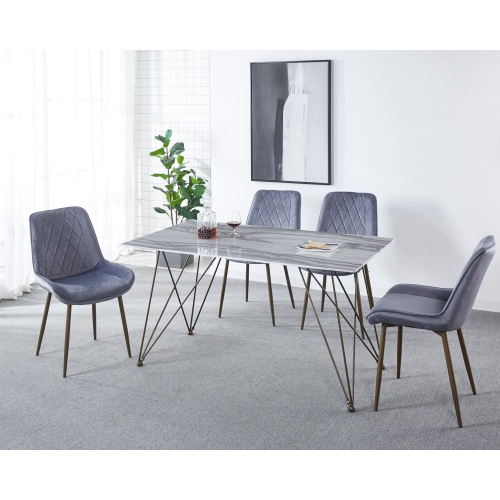 Railroad Style Rectangular 55 Inch Dining Table Marbled-Look Tempered Glass Faux Marble Dining Room Table With Gold finsh Metal legs, White/Gold