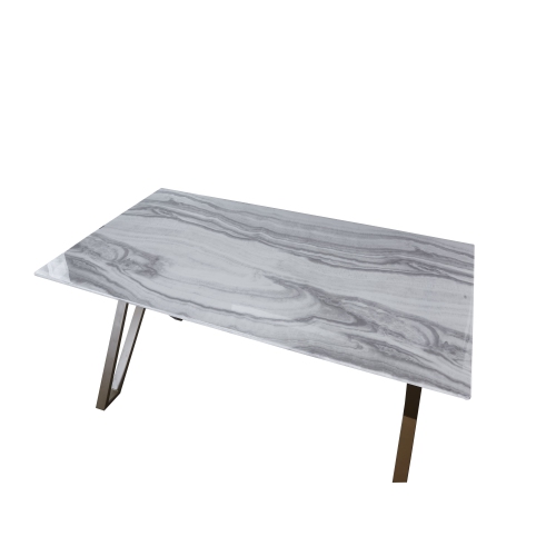 Railroad Style Rectangular 63 inch Dining Table Marbled-Look Tempered Glass Faux Marble Dining Room Table With Gold finsh Metal legs, White/Gold