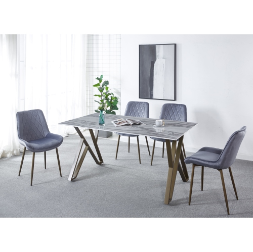 Railroad Style Rectangular 63 inch Dining Table Marbled-Look Tempered Glass Faux Marble Dining Room Table With Gold finsh Metal legs, White/Gold