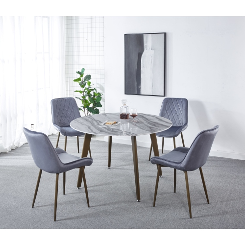 Contemporary Style Round 47 inch Dining Table Marbled-Look Tempered Glass Faux Marble Dining Room Table With Gold finsh Metal legs, White/Gold