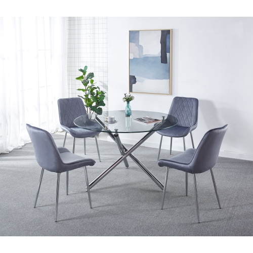 Contemporary Style Round 47 inch Dining Table Transparent Glass Dining Room Table With Chrome finsh Metal legs, Glass/Chrome