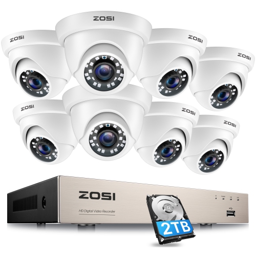 ZOSI H.265+ Home Security Camera System,5MP Lite CCTV DVR Recorder 8 Channel and 4 x 2MP Dome Camera Outdoor Indoor with 80ft Night Vision, 2TB Hard